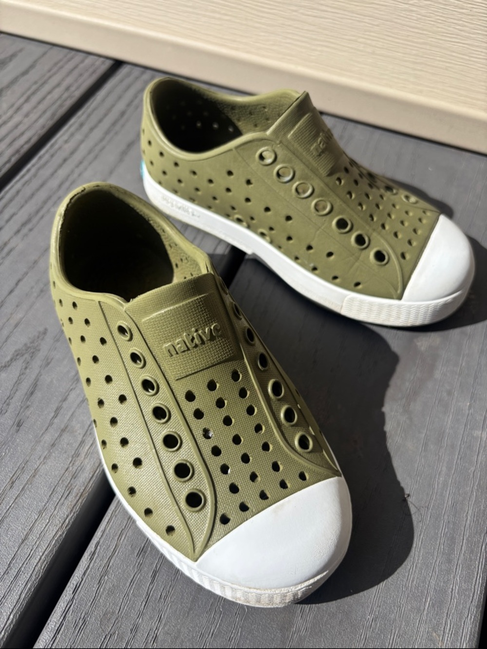 Native Kids Slip-On Water Shoes in Olive Green with White Toe
